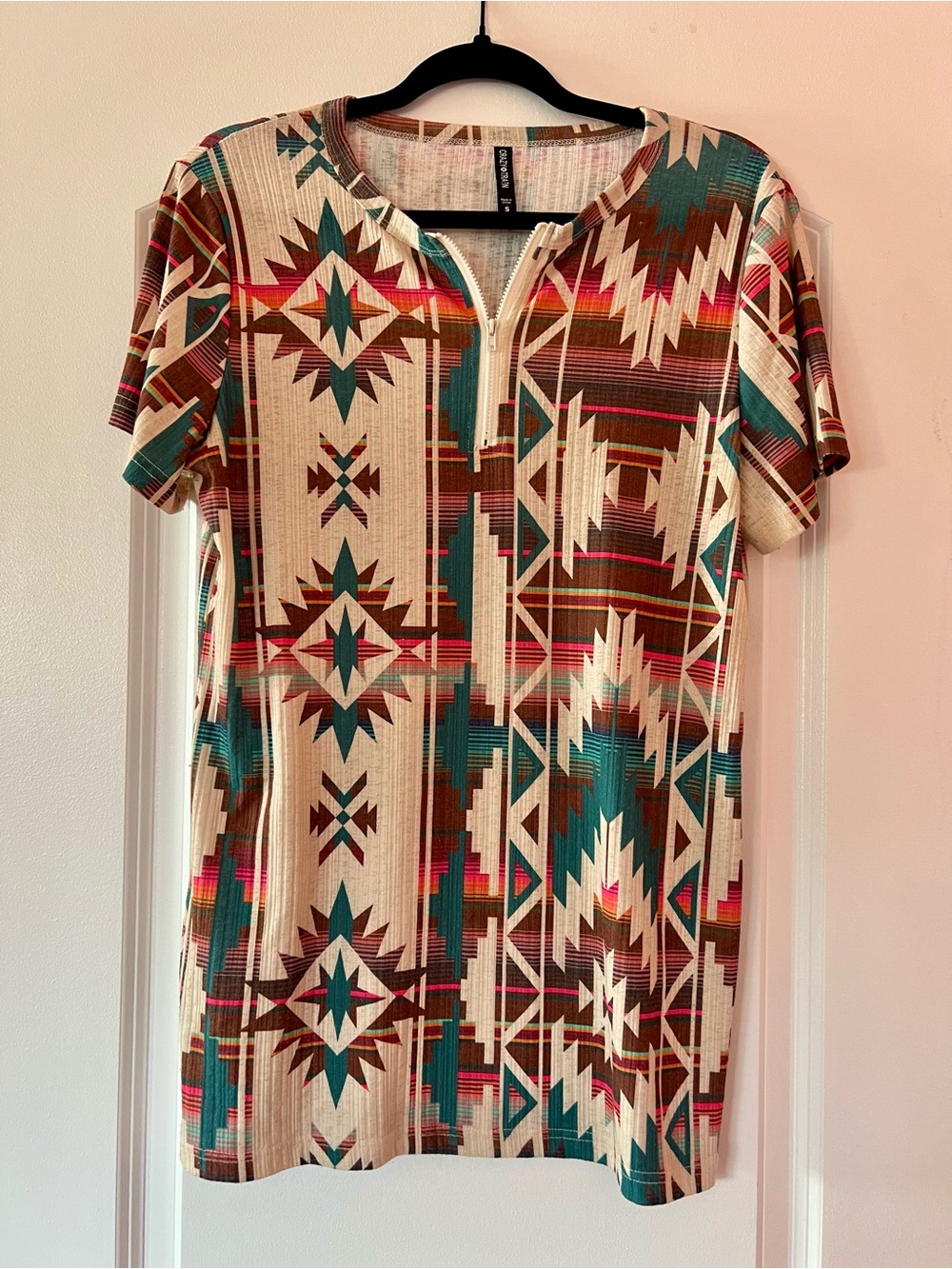 Crazy Train Aztec Print Short Sleeve with Zip - Teal & Brown